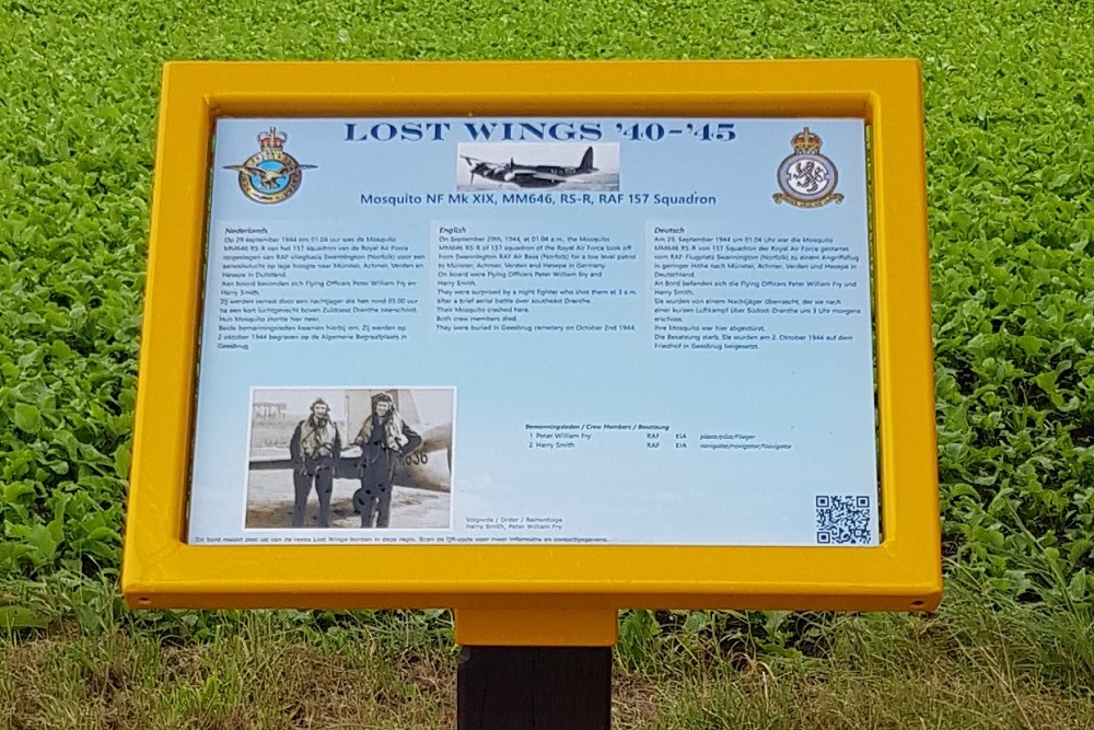 Memorial Sign Crash Location Havilland DH.98 Mosquito NF Mk XIX 