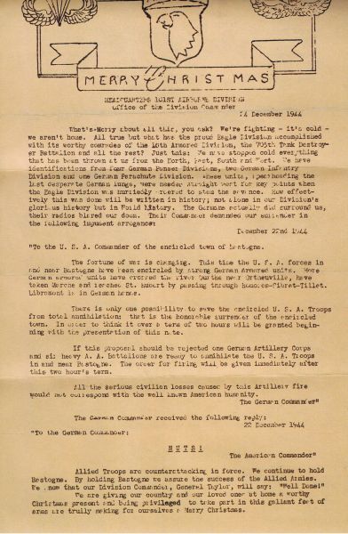 McAuliffe's Kerstboodschap aan de 101st Division (24-12-1944)